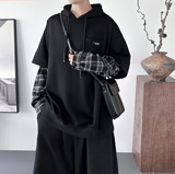 现货连帽卫衣男潮牌ins假两件拼接格子慵懒风Y8212-P68，男装卫衣，星座1017