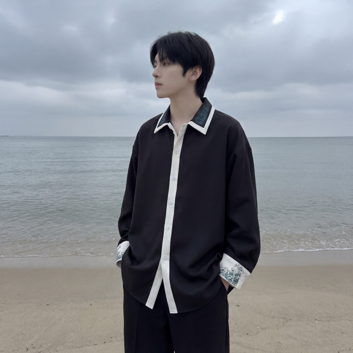 现货潮衬衫小众刺绣长袖衬衣新中式情侣外套DY877-P68，男装衬衫，星座1017