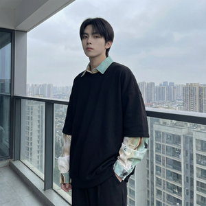现货慵懒假两件衬衫领卫衣日系情侣碎花上衣 A881-P65图片