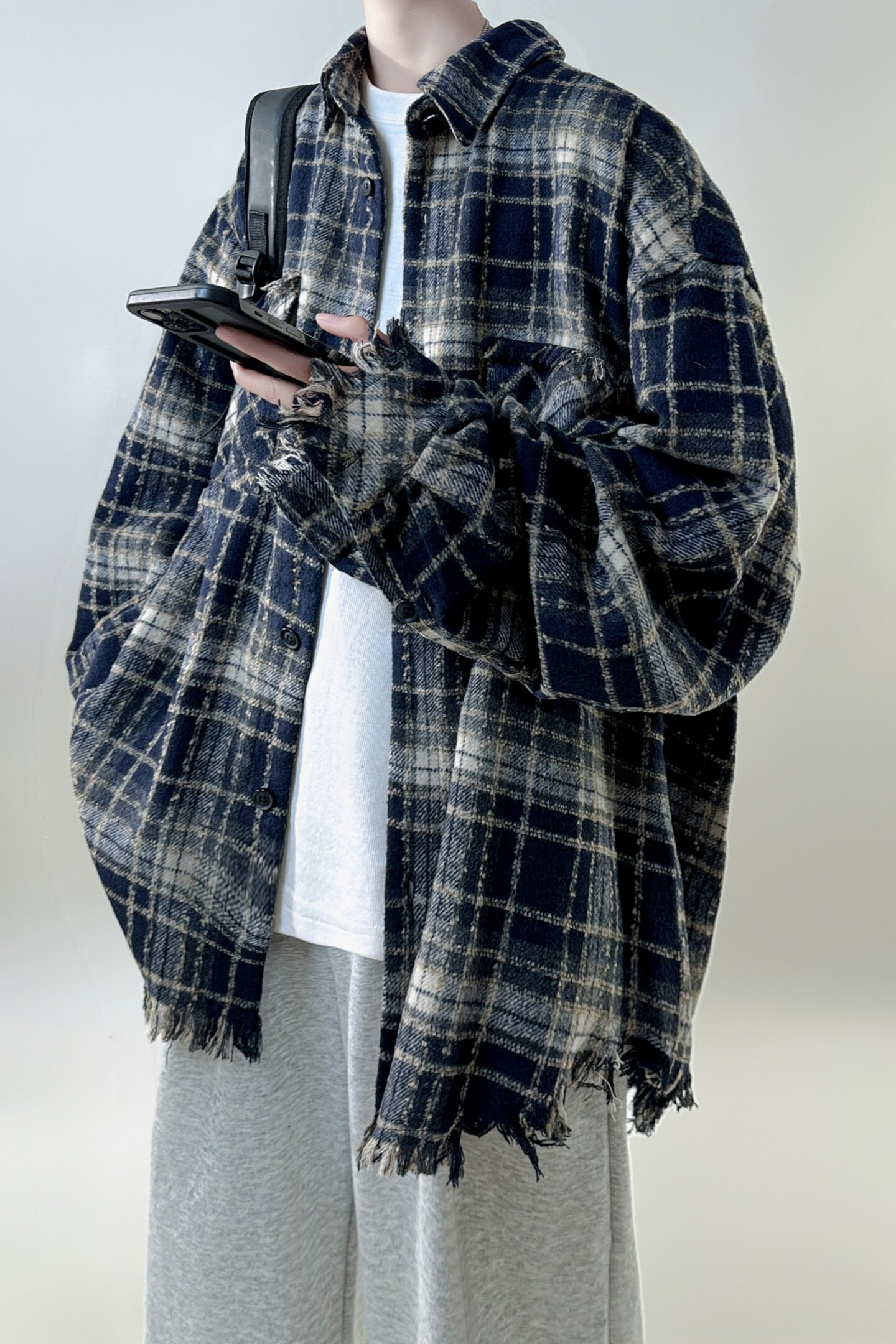 现货2026春复古美式格子长袖衬衫毛边宽松衬衣SC245-P58,男装衬衫,星座1017