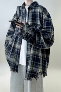 现货 2026春复古美式格子长袖衬衫毛边宽松衬衣 SC245-P58图片