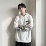 现货春季连帽卫衣男潮牌ins假两件拼接格子慵懒风W8212-P68，男装卫衣，星座1017