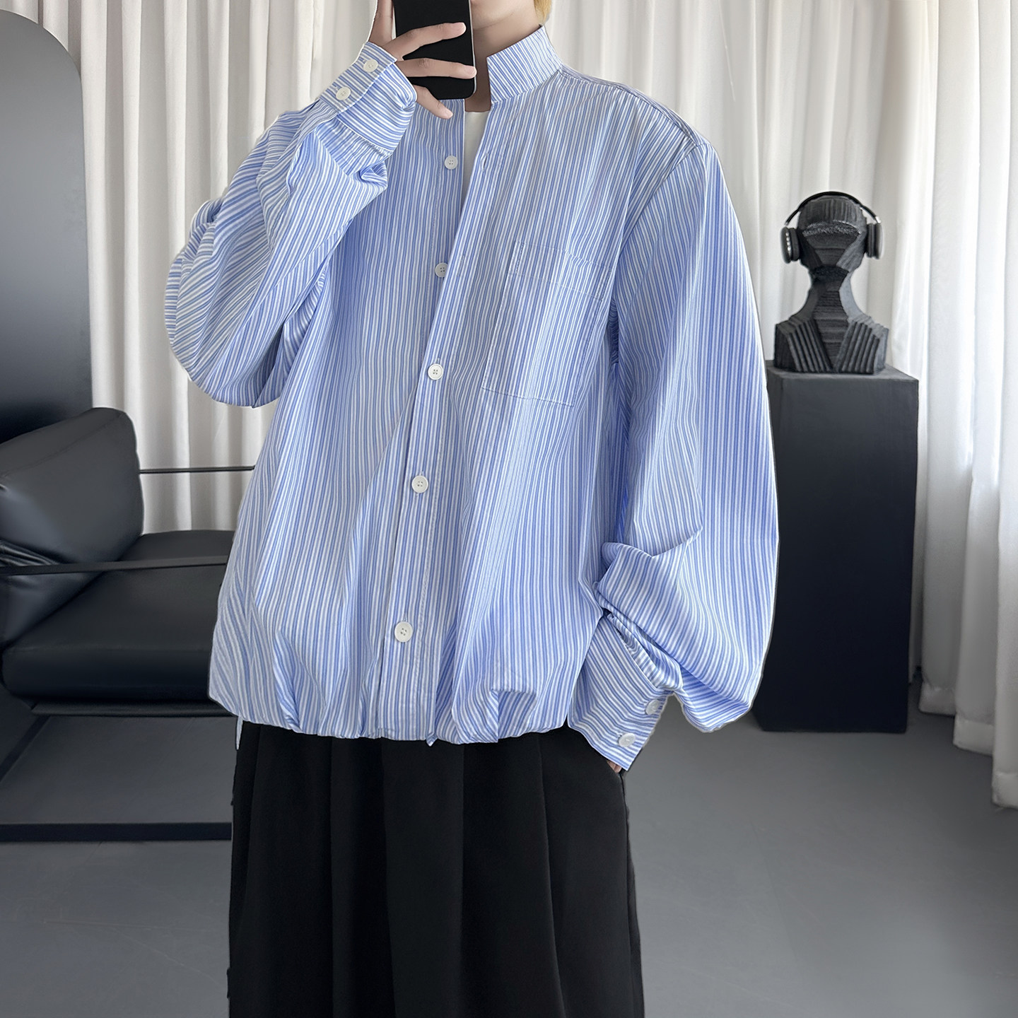 高智感条纹长袖衬衫男夏季百搭宽肩短款上衣S8976-P68,男装衬衫,星座1017