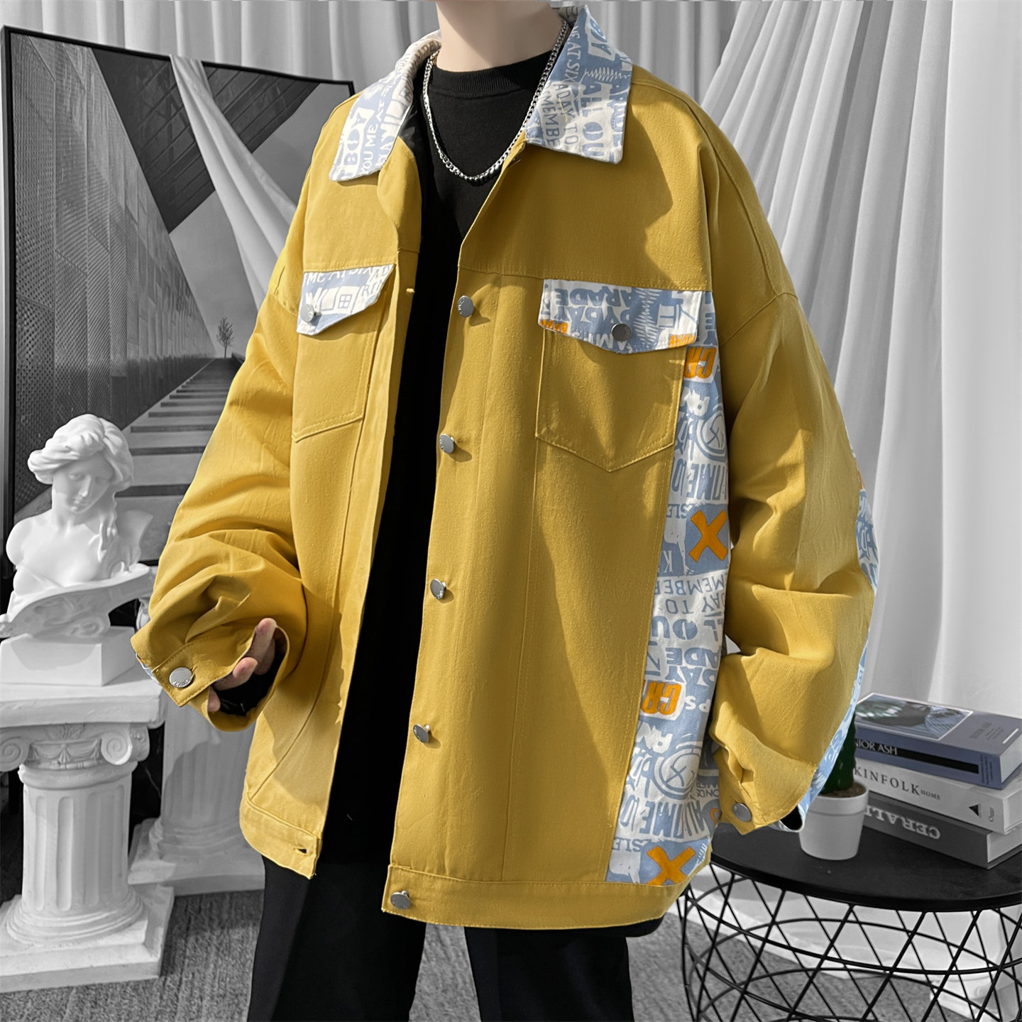 现货2026春季痞帅拼接设计感翻领夹克高级感潮流外套J24-P75，男装夹克，星座1017