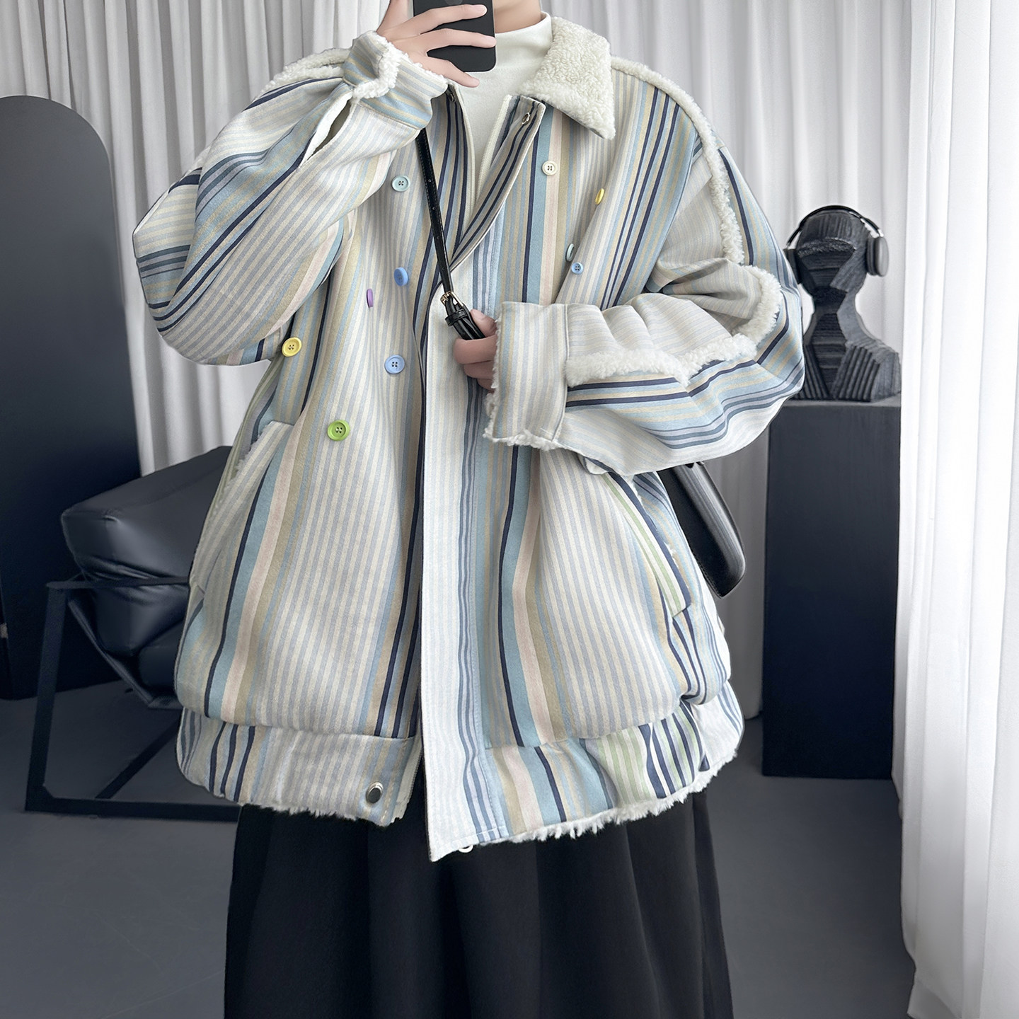 复古条纹羊羔毛棉服外套加厚宽松棒球服夹棉夹克棉衣W2311-P138,男装夹克,星座1017