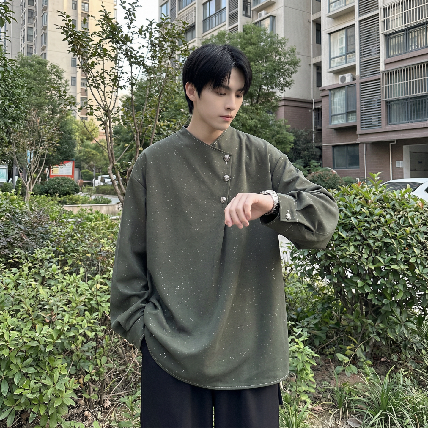 现货新中式痞帅衬衣高级感小香风衬衫微闪潮流痞帅衬衣 A903-P68图片
