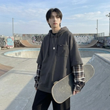 现货春季连帽卫衣男潮牌ins假两件拼接格子慵懒风W8212-P68，男装卫衣，星座1017