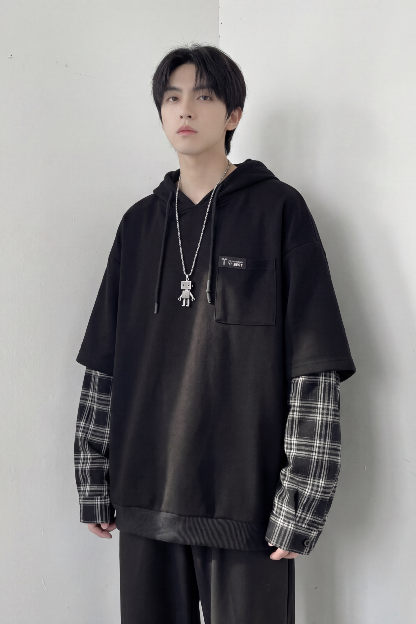 现货春季连帽卫衣男潮牌ins假两件拼接格子慵懒风W8212-P68,男装卫衣,星座1017