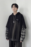 现货春季连帽卫衣男潮牌ins假两件拼接格子慵懒风W8212-P68，男装卫衣，星座1017