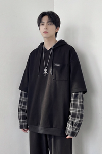 现货 春季连帽卫衣男潮牌ins假两件拼接格子慵懒风 W8212-P68图片