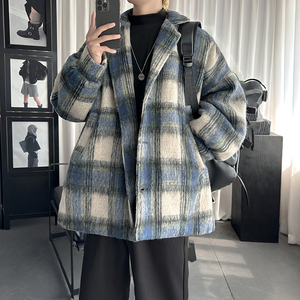 毛呢格子外套男韩版宽松休闲百搭大衣 Y111-P108图片