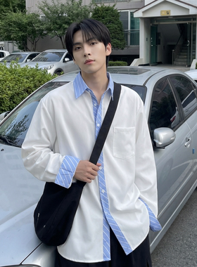 现货 高级感小众设计拼接衬衫男痞帅纯色宽松潮流衬衣 S1858-P68