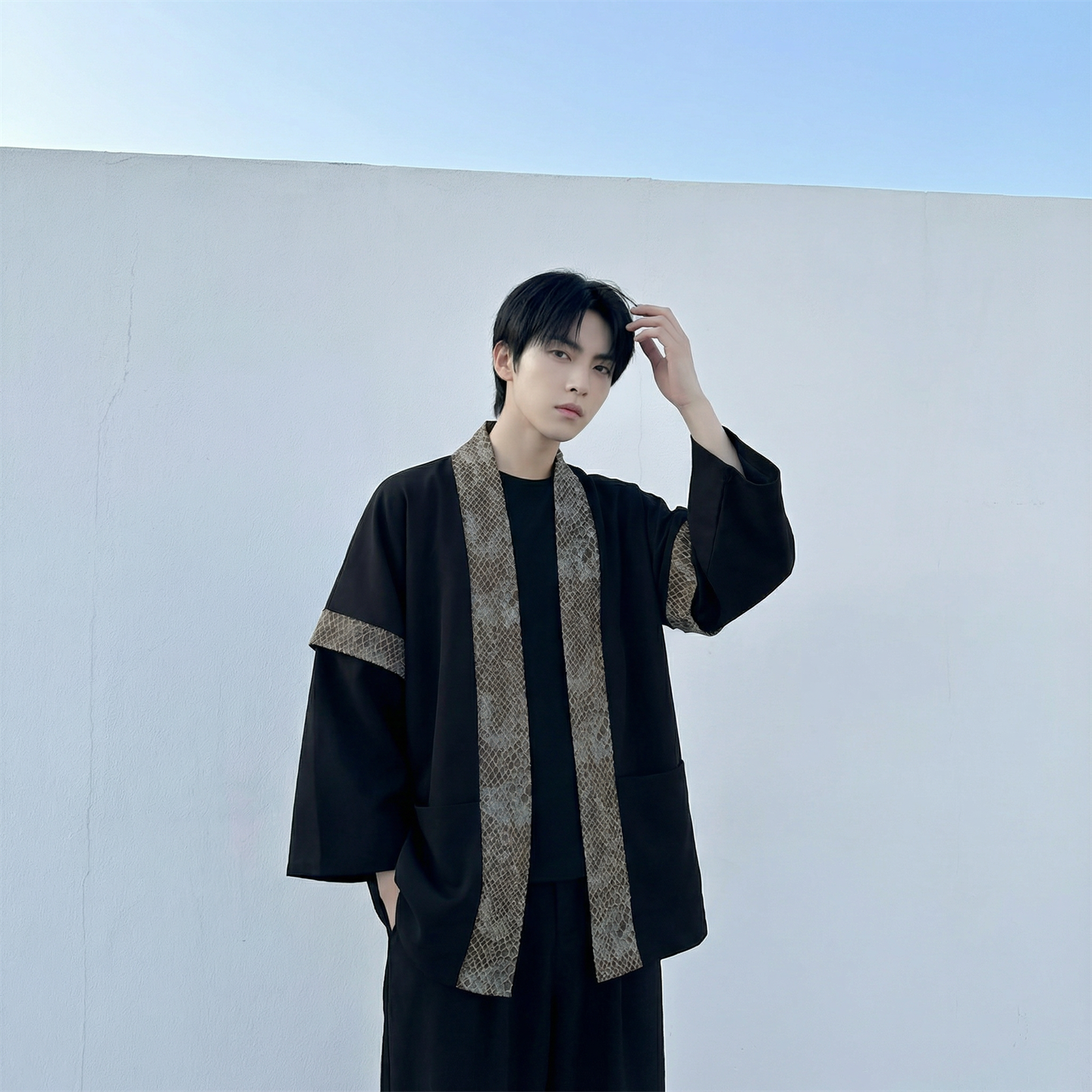 现货春秋风蟒纹印花拼接男士道袍汉服D3206-P78，男装民族服装，星座1017