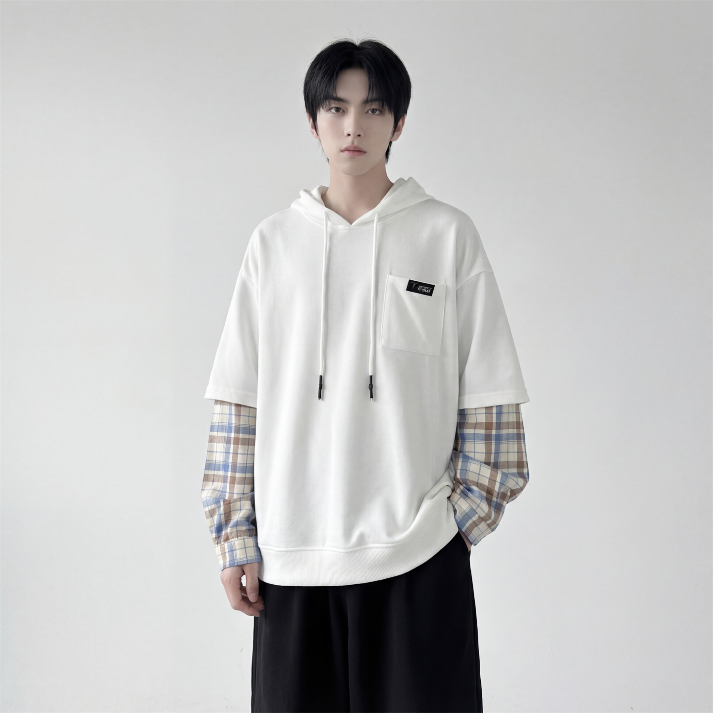 现货春季连帽卫衣男潮牌ins假两件拼接格子慵懒风W8212-P68，男装卫衣，星座1017