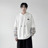 现货春季连帽卫衣男潮牌ins假两件拼接格子慵懒风W8212-P68，男装卫衣，星座1017