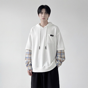 现货 春季连帽卫衣男潮牌ins假两件拼接格子慵懒风 W8212-P68，男装卫衣，星座1017