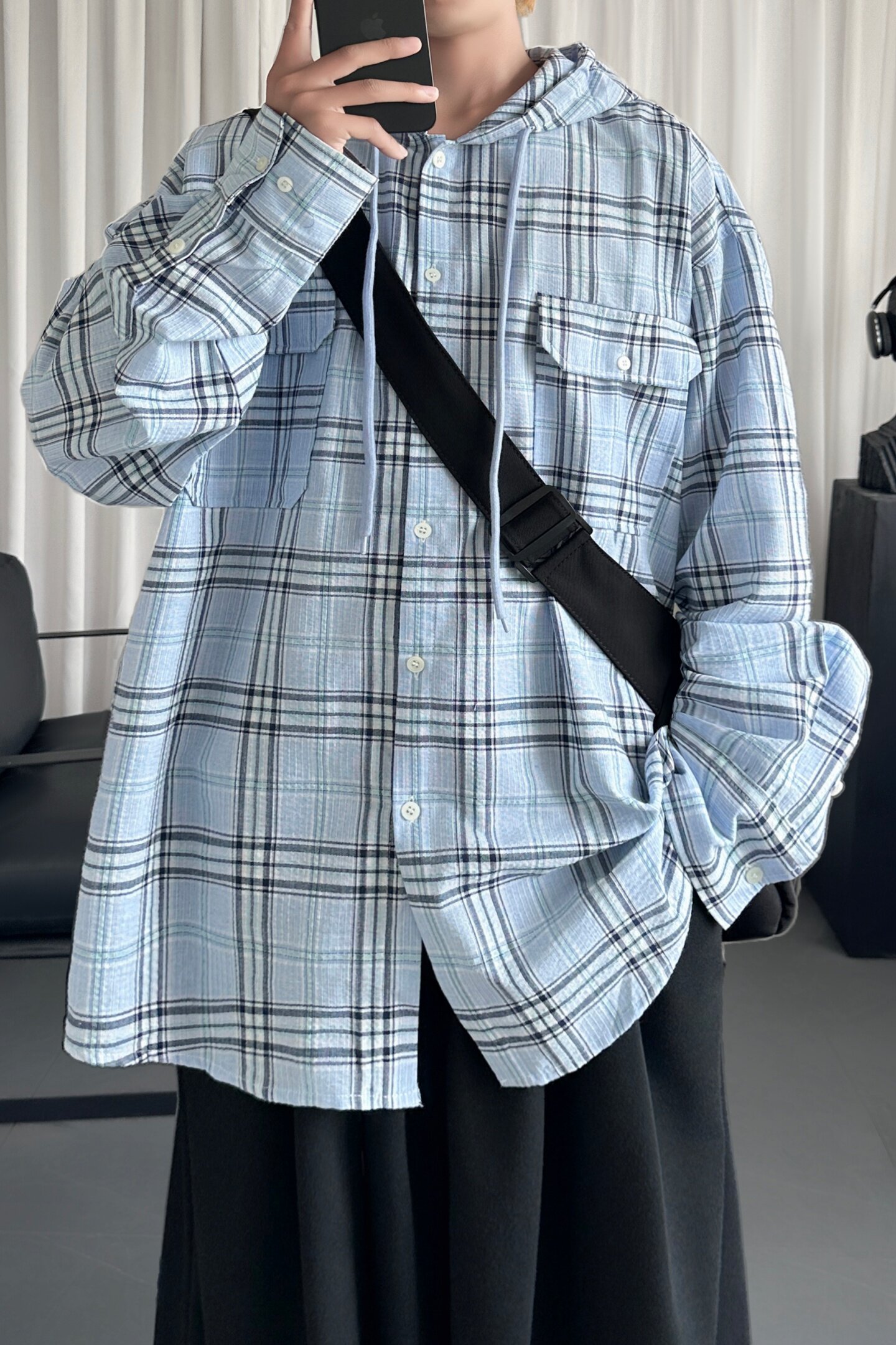 浅蓝色格子连帽衬衫潮流美式潮牌复古休闲外套A5817-P78,男装衬衫,星座1017