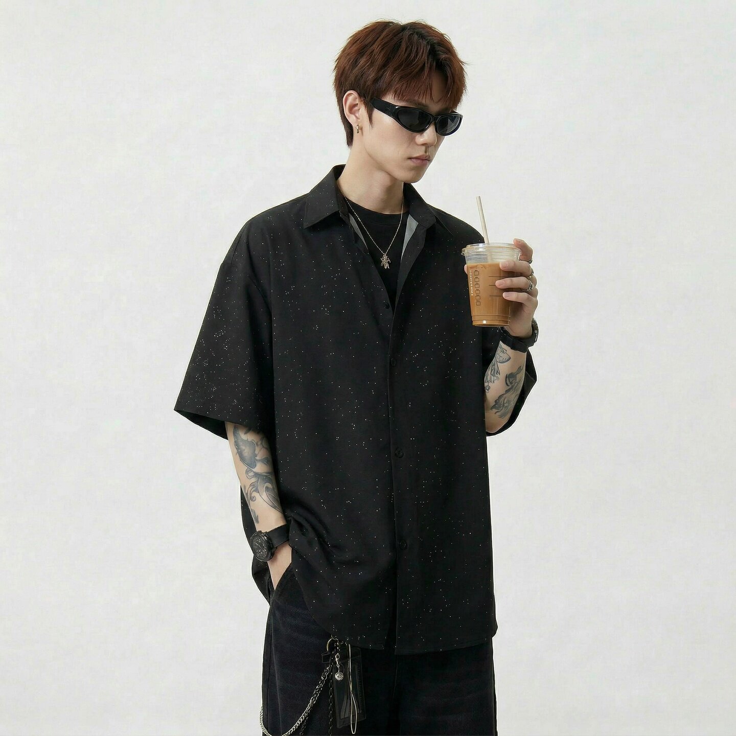现货短袖休闲衬衫男痞帅七分袖衬衣bf港风 CS2609-P38