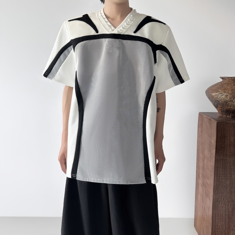 现货网格拼接撞色垫肩圆领短袖机能设计感运动短袖上衣F0281-P68，商品下架区商品下架区，星座1017