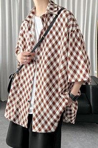 2023夏季慵懒风格子设计短袖衬衫复古港味BF衬衣 1017-CC76-P38图片