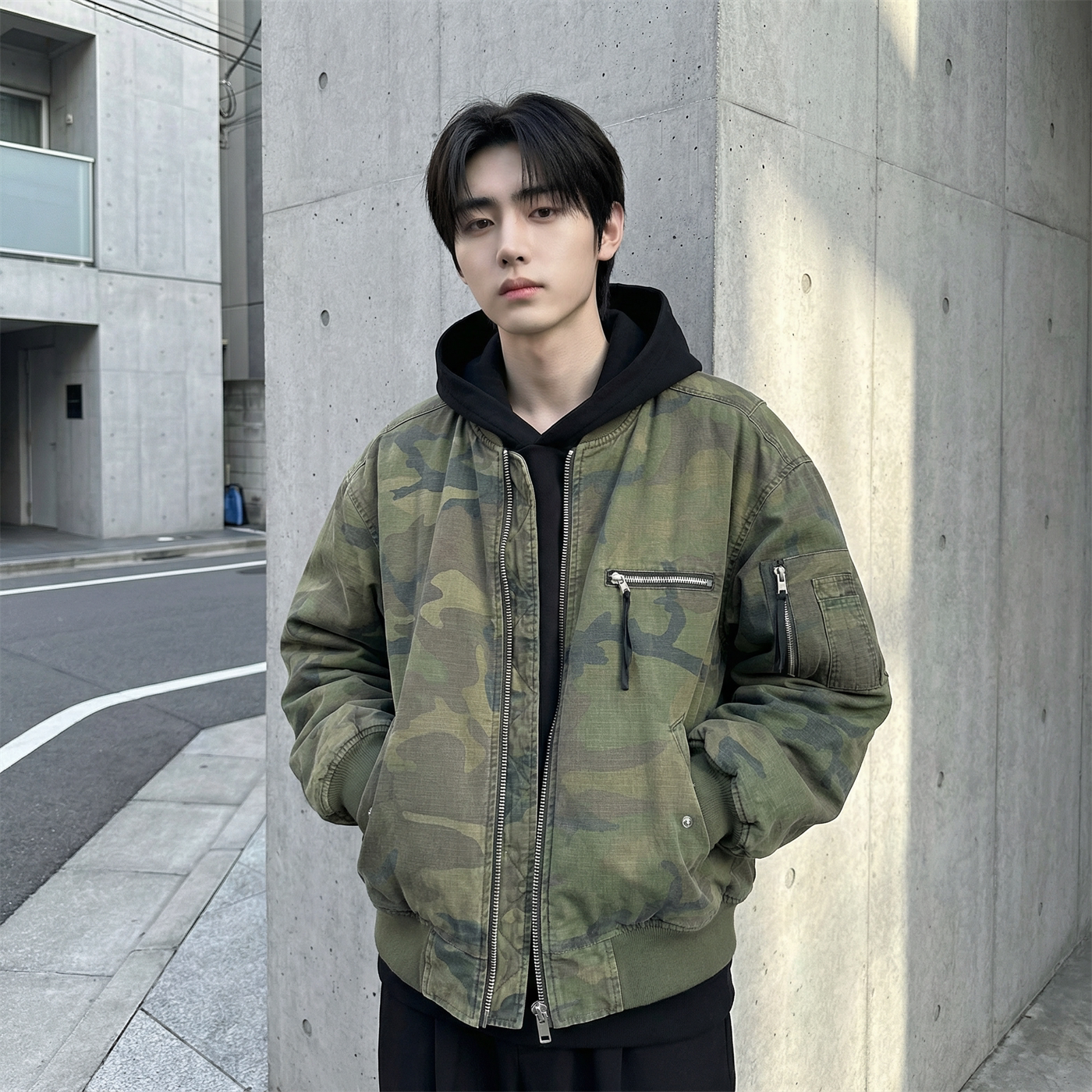 现货迷彩假两件棉服重磅水洗飞行服街头风外套M9881-P148,男装棉衣,星座1017