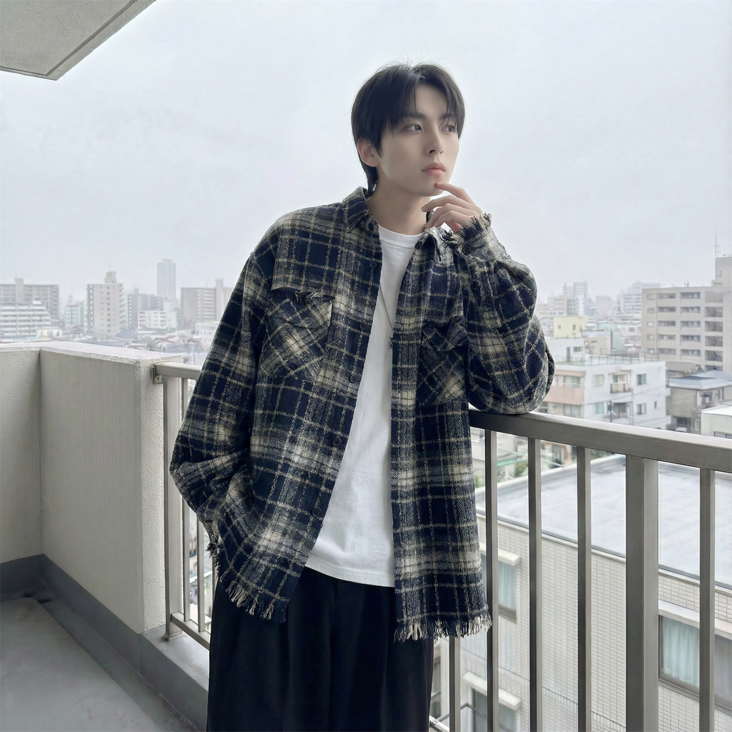 现货2026春复古美式格子长袖衬衫毛边宽松衬衣SC245-P58,男装衬衫,星座1017
