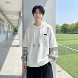 现货春季连帽卫衣男潮牌ins假两件拼接格子慵懒风W8212-P68，男装卫衣，星座1017