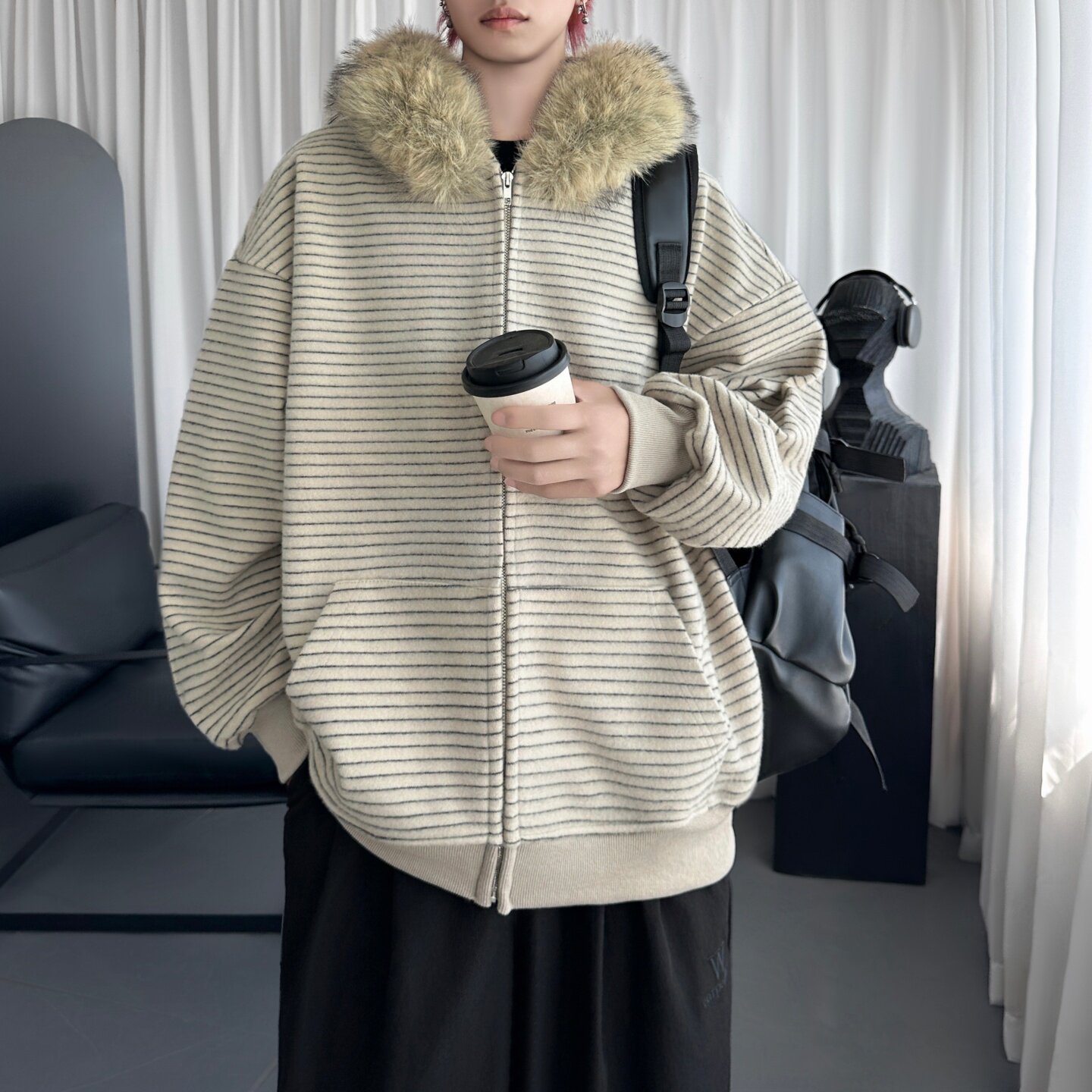 美式潮牌条纹可拆卸毛领拉链开衫卫衣男连帽情侣外套A9026-P98,女装短外套,星座1017