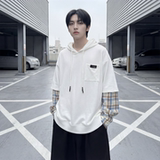 现货春季连帽卫衣男潮牌ins假两件拼接格子慵懒风W8212-P68，男装卫衣，星座1017