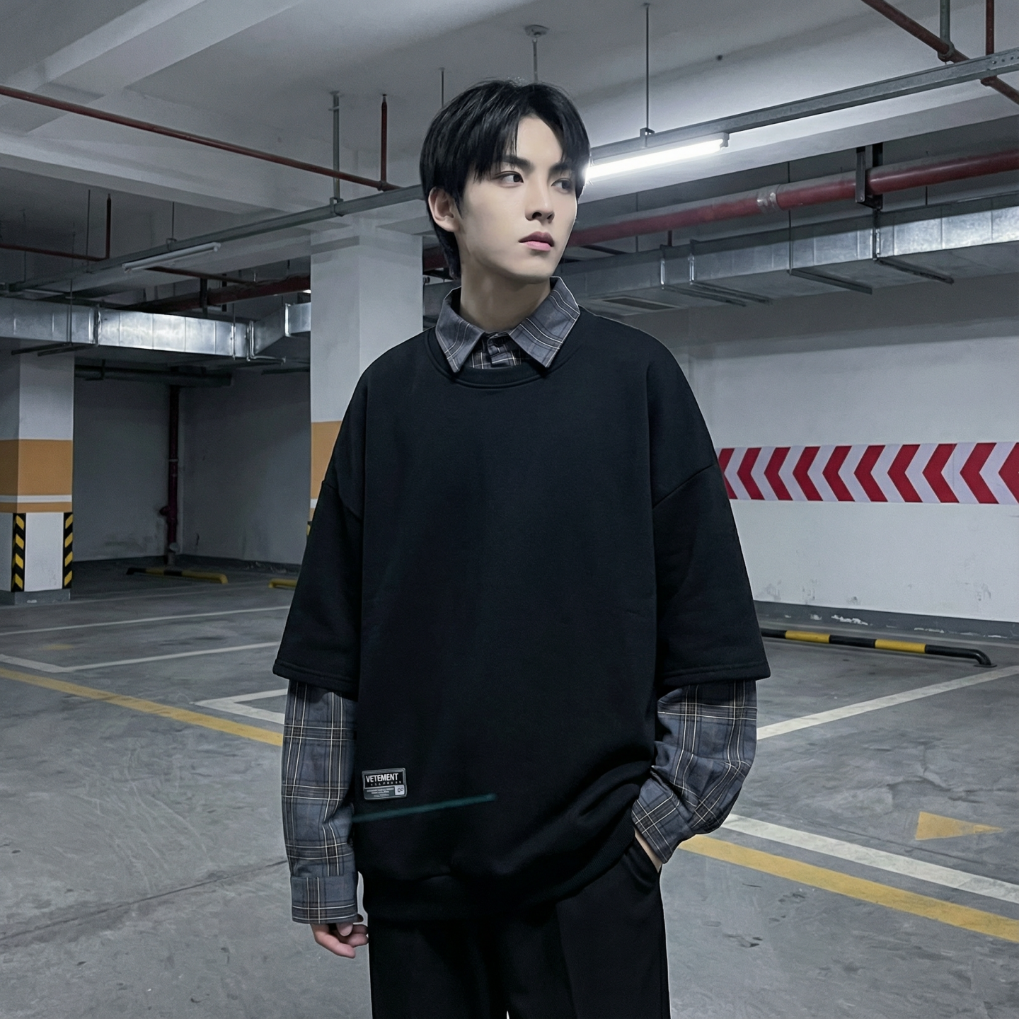 现货2026春款假两件卫衣衬衫领复古vibe格子美式外套A5613-P65，男装衬衫，星座1017