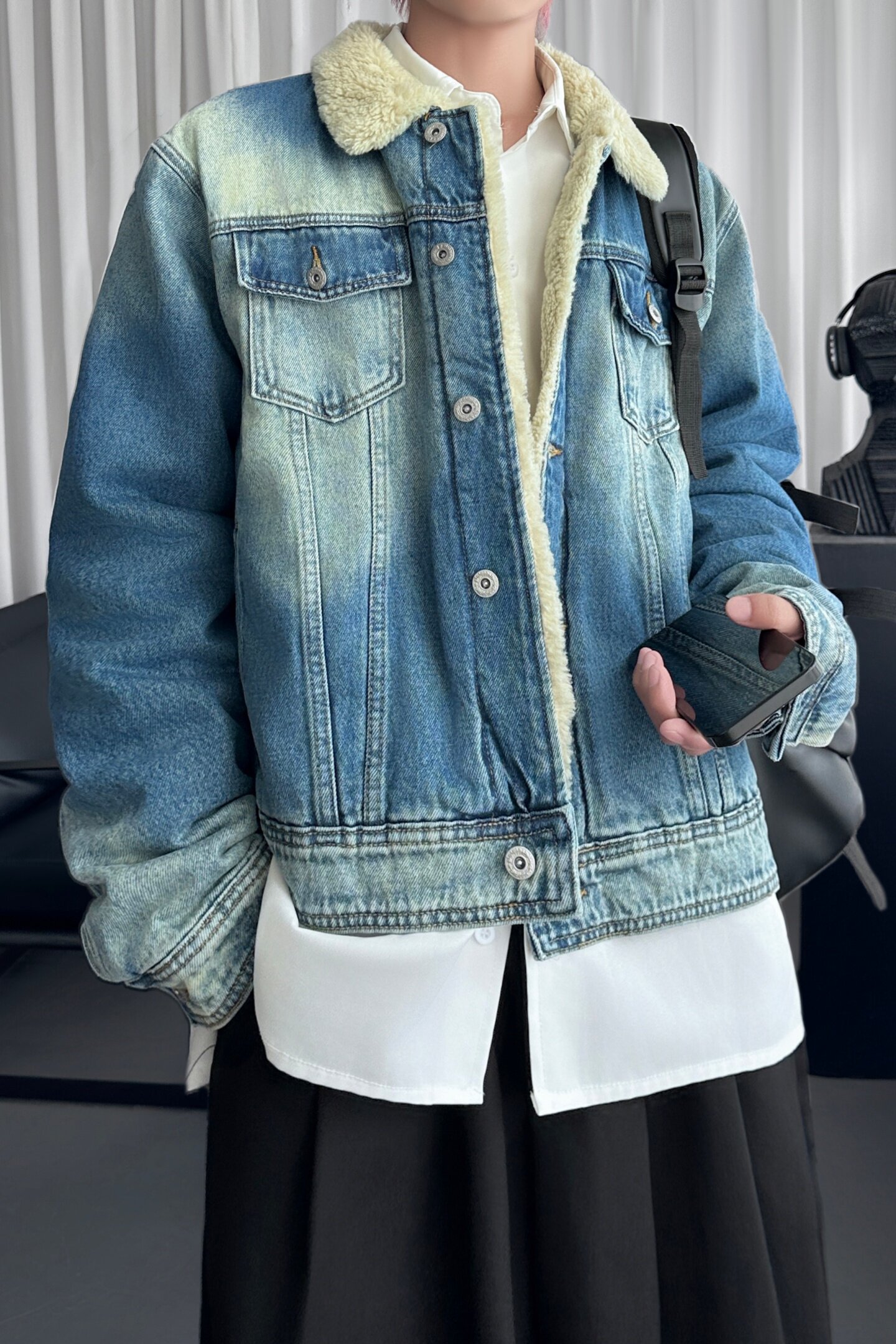 做旧羊羔绒丹宁牛仔外套格纹拼接保暖棉服夹克Q2053-P138,男装工装外套,星座1017