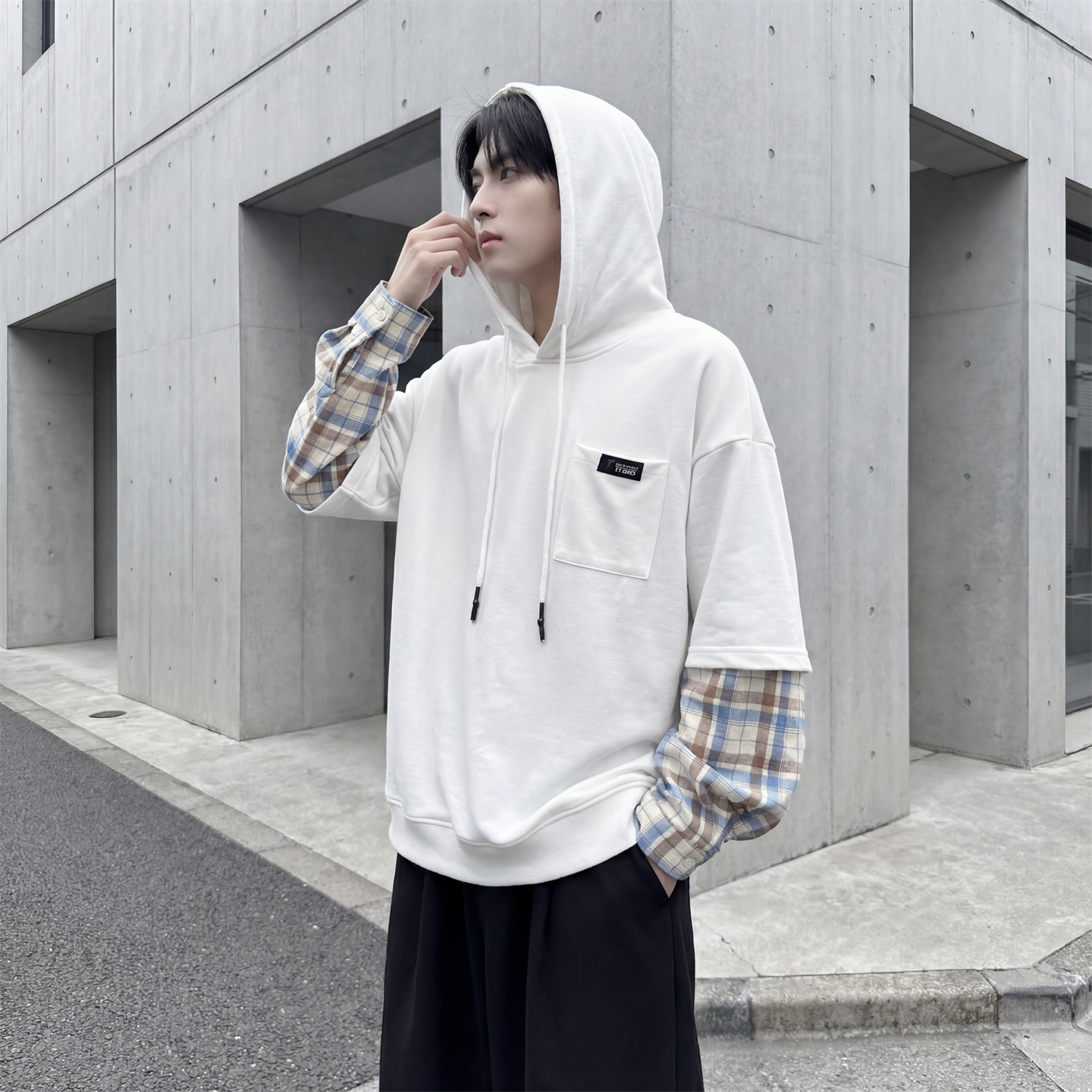 现货春季连帽卫衣男潮牌ins假两件拼接格子慵懒风W8212-P68，男装卫衣，星座1017