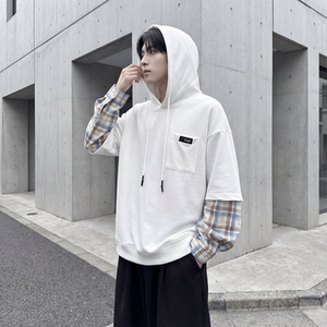 现货 春季连帽卫衣男潮牌ins假两件拼接格子慵懒风 W8212-P68，男装卫衣，星座1017