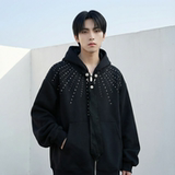 现货烫钻可拆卸领带设计连帽卫衣重磅细闪宽松慵懒外套W2056-P89，女装短外套，星座1017