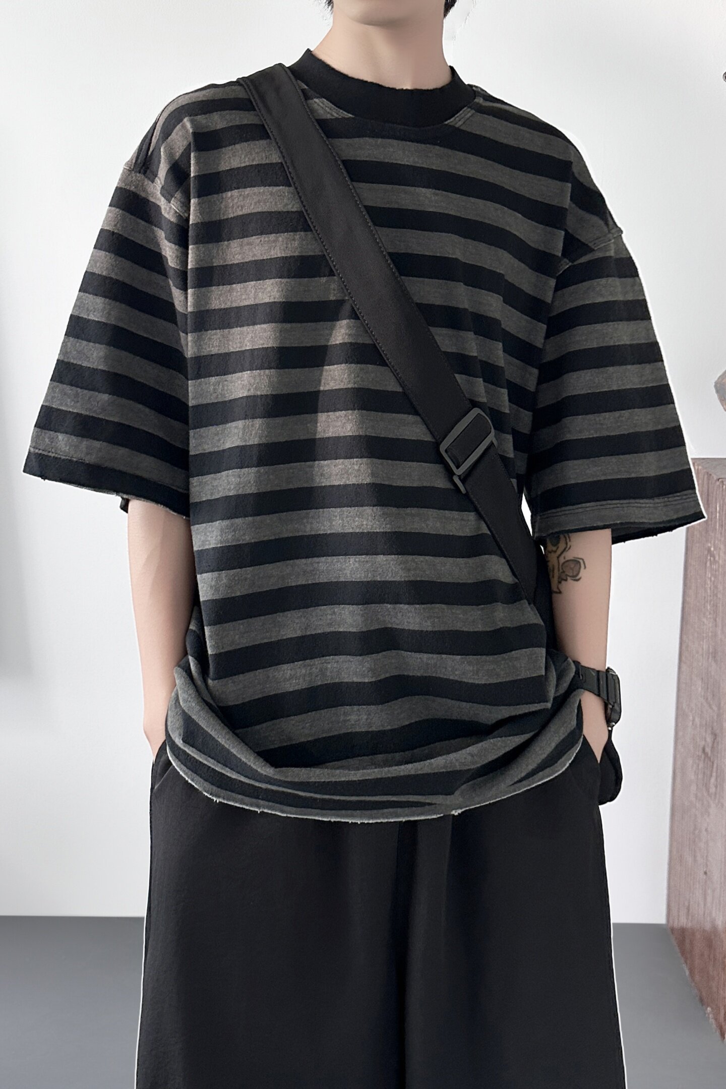 撞色条纹短袖T恤夏季慵懒风宽松五分袖通勤百搭上衣DX839-P48,男装T恤,星座1017