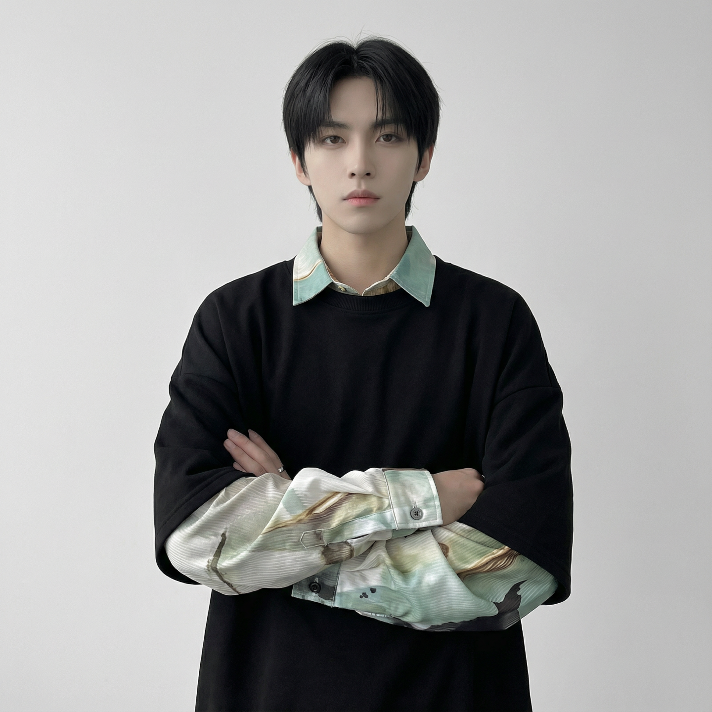 现货慵懒假两件衬衫领卫衣日系情侣碎花上衣A881-P65，男装衬衫，星座1017