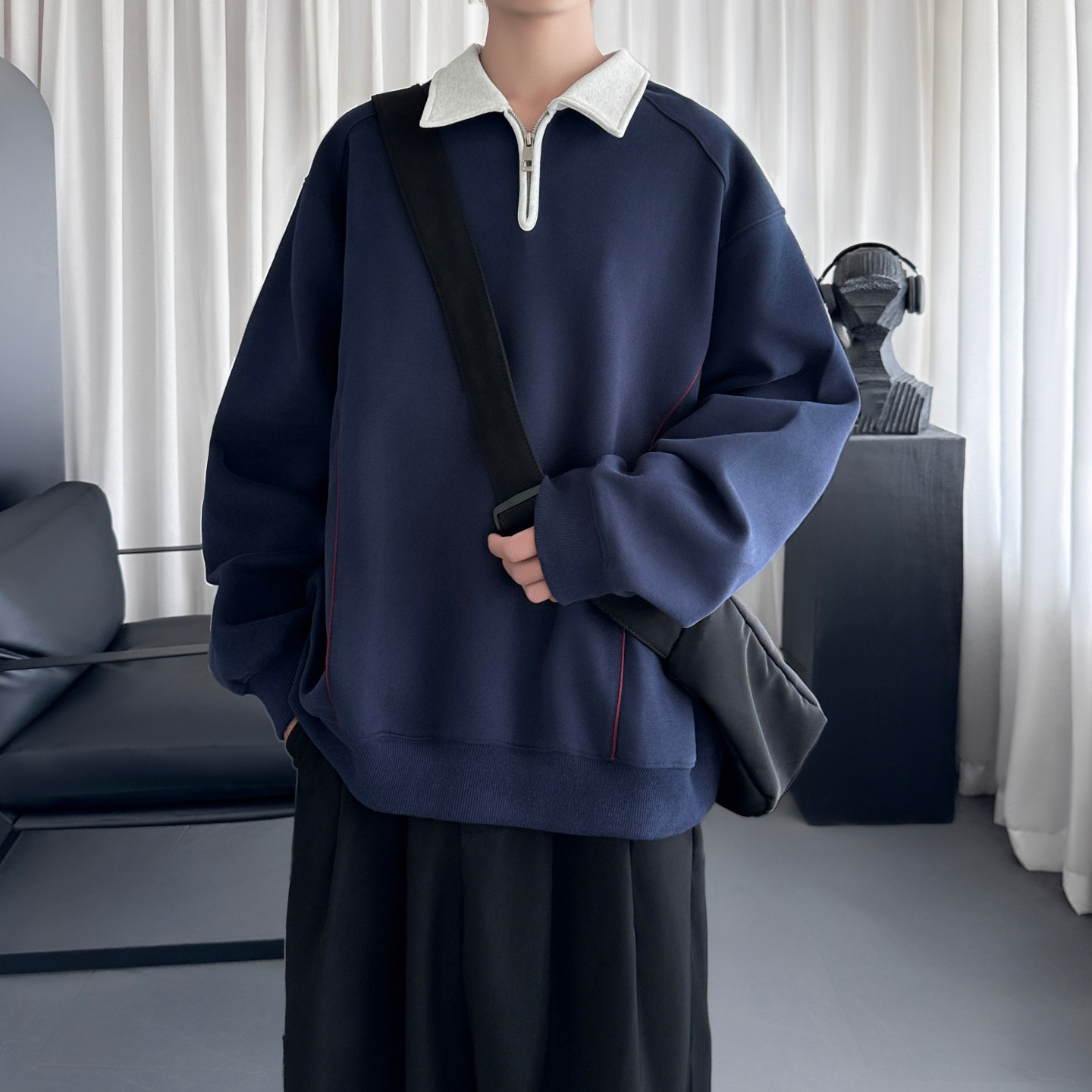 秋季短款美式半拉链卫衣男重磅宽松休闲套头衫潮W6207-P78,男装卫衣,星座1017