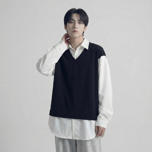 现货假两件长袖衬衫宽松衬衣港风休闲百搭上衣 GK25-P58，男装衬衫，星座1017