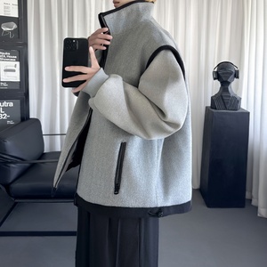 现货 灰色拼接毛呢外套男女秋冬休闲百搭中性风上衣 Y2034-P118，女装短外套，星座1017
