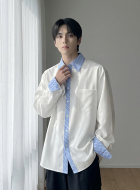 现货 高级感小众设计拼接衬衫男痞帅纯色宽松潮流衬衣 S1858-P68
