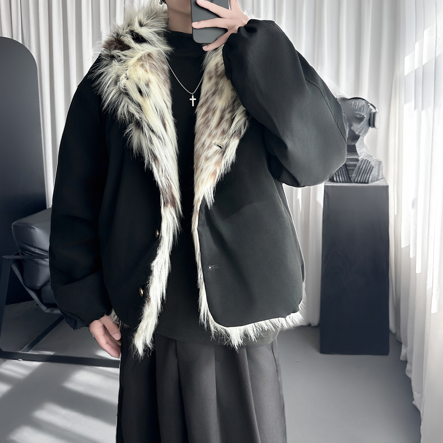 白虎纹大毛领cleanfit座山雕外套男冬季高级贵气棉服 M1876-P148