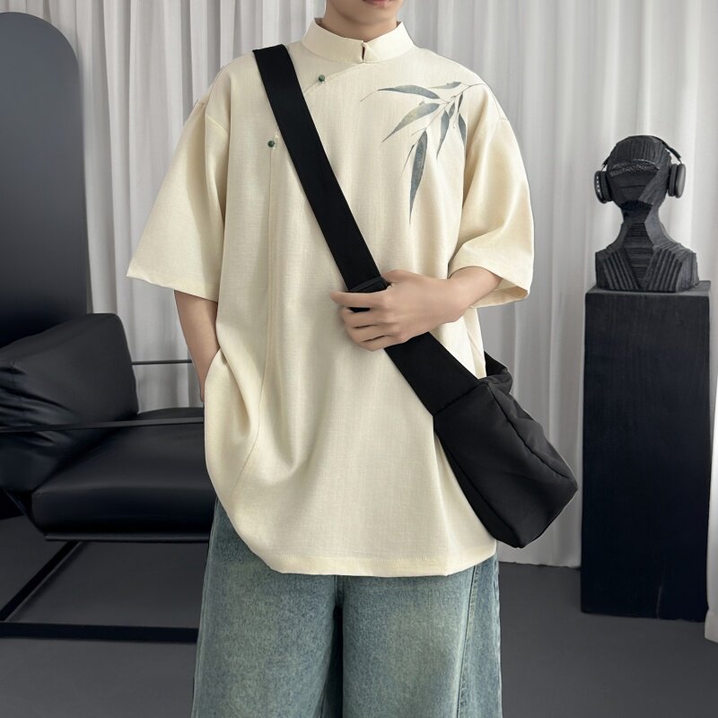 新中式立领清透亚麻水墨竹叶印花晕染玉石扣短袖衬衫S107-P48，男装衬衫，星座1017