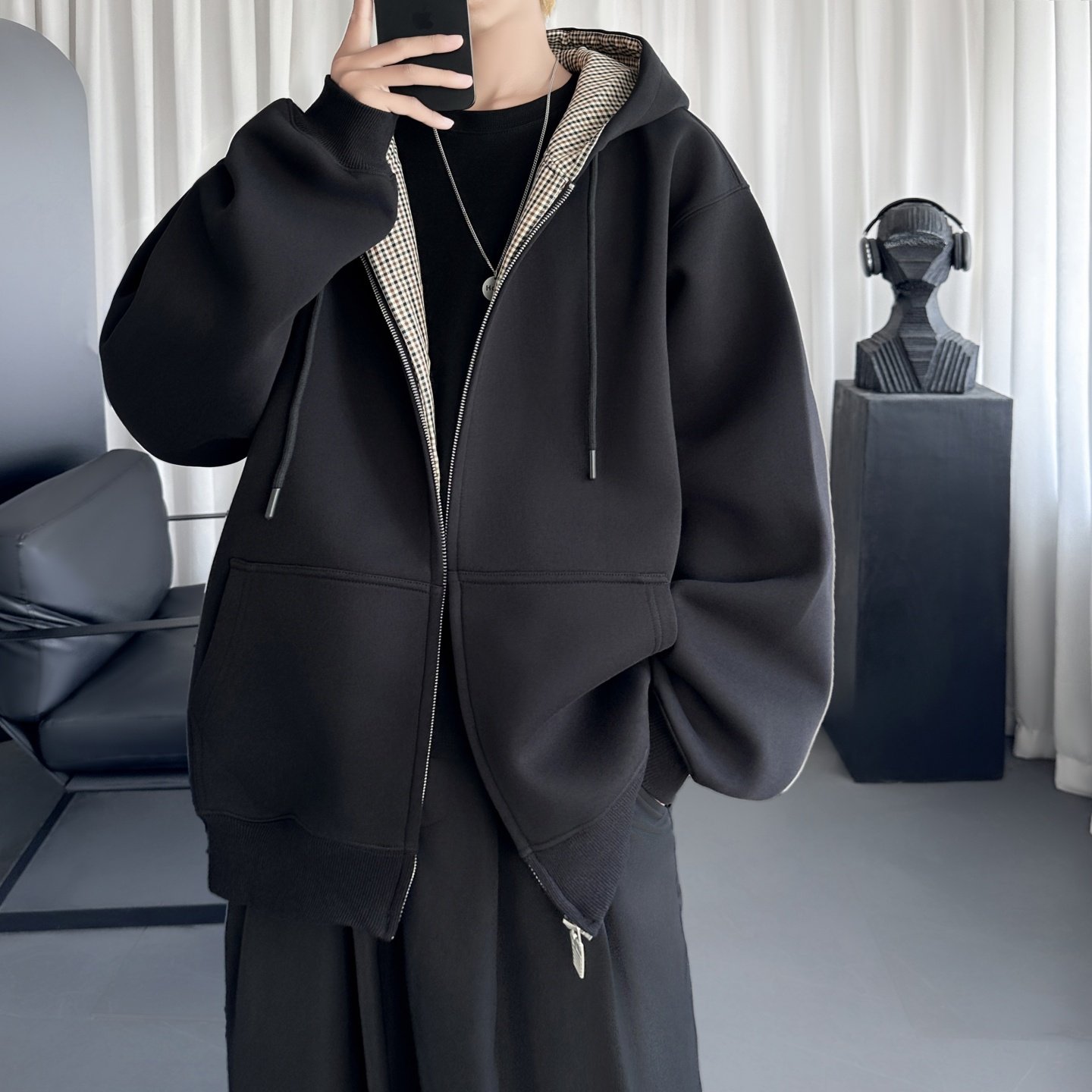 美式复古格子连帽卫衣男女oversize情侣拉链外套WD406-P68,女装短外套,星座1017