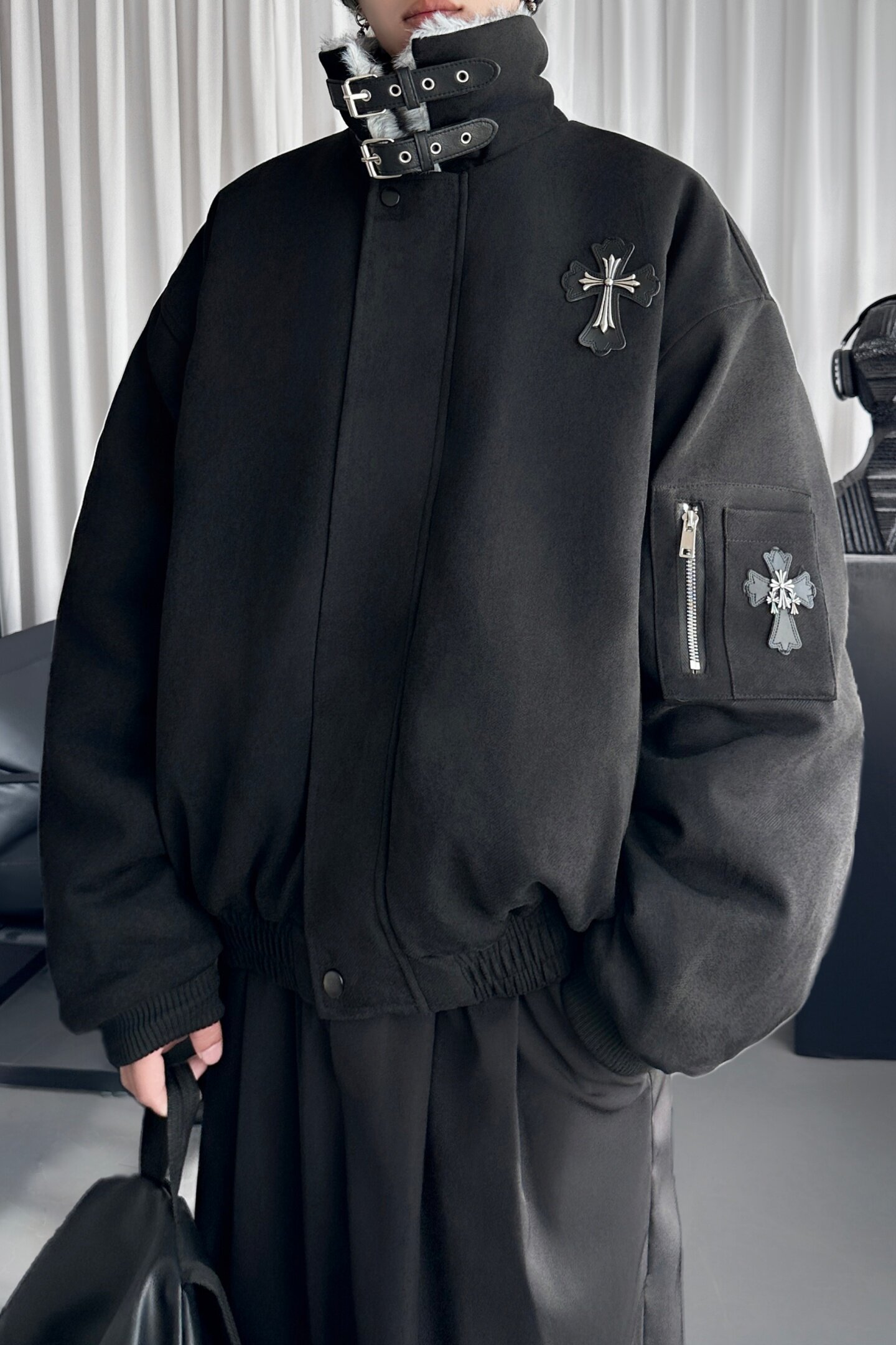 复古美拉德肌理感外套冬季宽松十字架贴皮刺绣棉服M6025-P148,男装棉衣,星座1017