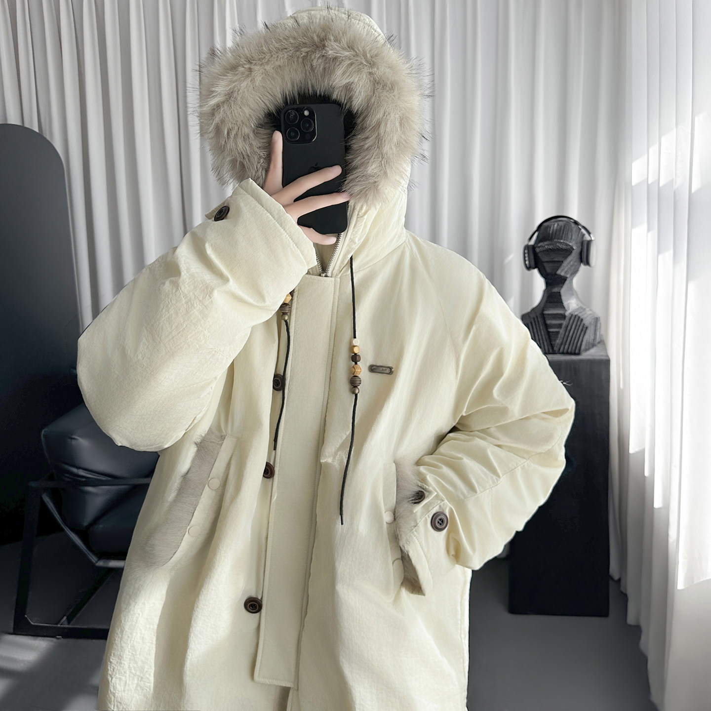抗静电防泼水保暖座山雕毛领连帽派克棉服中长款M2733-P158,男装棉衣,星座1017