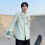 现货春款风灵芝刺绣宽松休闲立领长袖青灰色衬衣SA783-P88，男装衬衫，星座1017