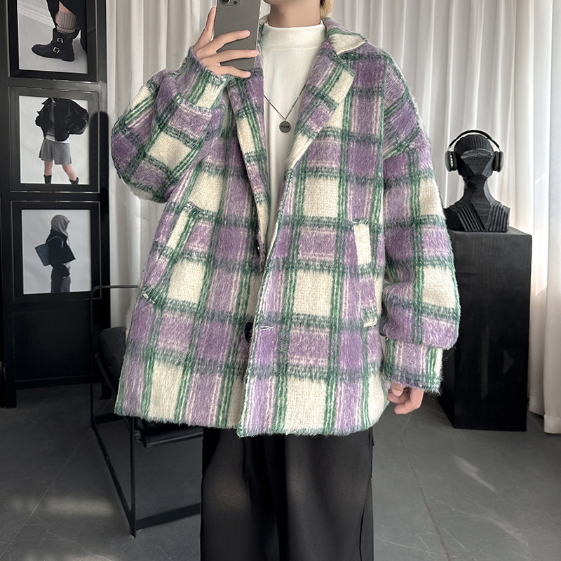 毛呢格子外套男韩版宽松休闲百搭大衣Y111-P108,女装短外套,星座1017
