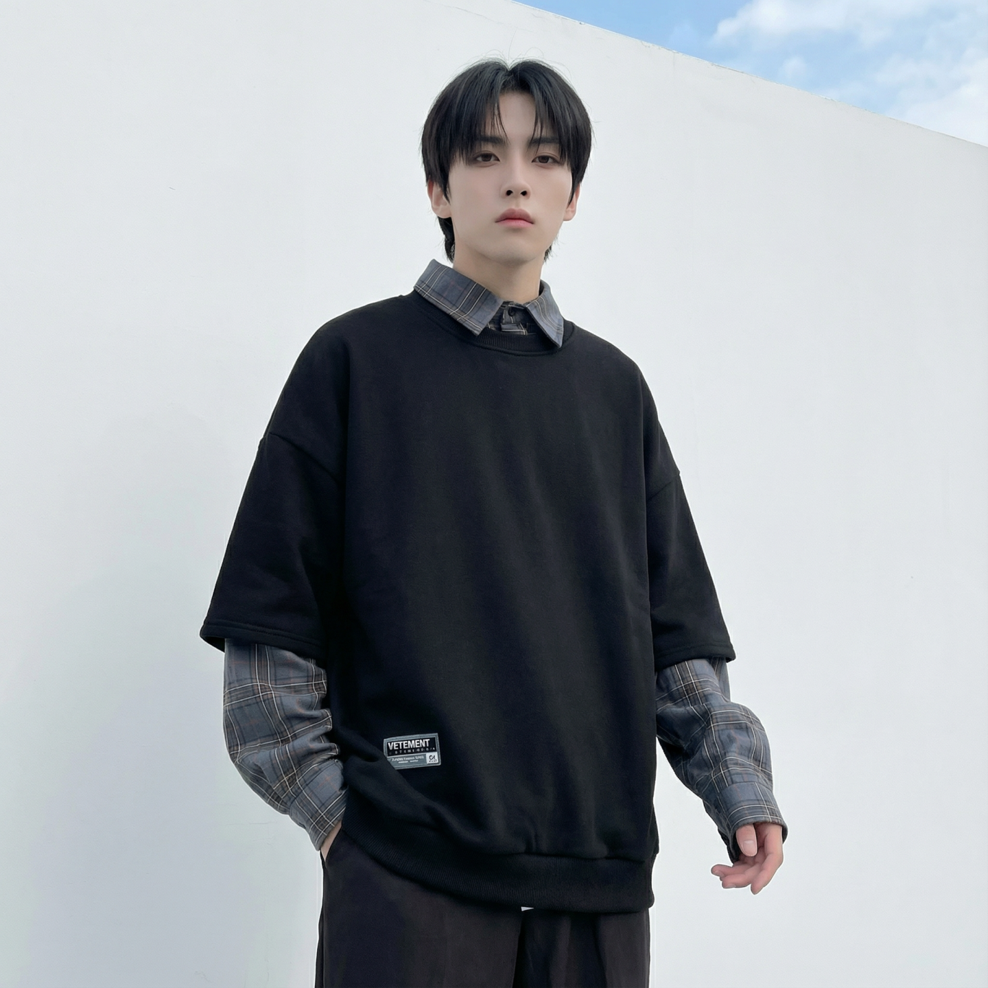 现货2026春款假两件卫衣衬衫领复古vibe格子美式外套A5613-P65，男装衬衫，星座1017