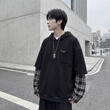 现货春季连帽卫衣男潮牌ins假两件拼接格子慵懒风W8212-P68，男装卫衣，星座1017