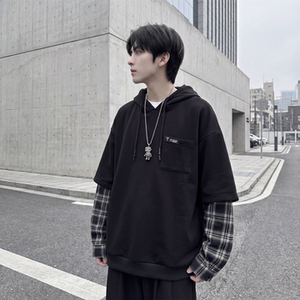 现货 春季连帽卫衣男潮牌ins假两件拼接格子慵懒风 W8212-P68，男装卫衣，星座1017